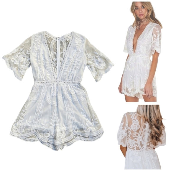 Honey Punch As You Wish Embroidered Lace White Romper size med - Picture 1 of 11